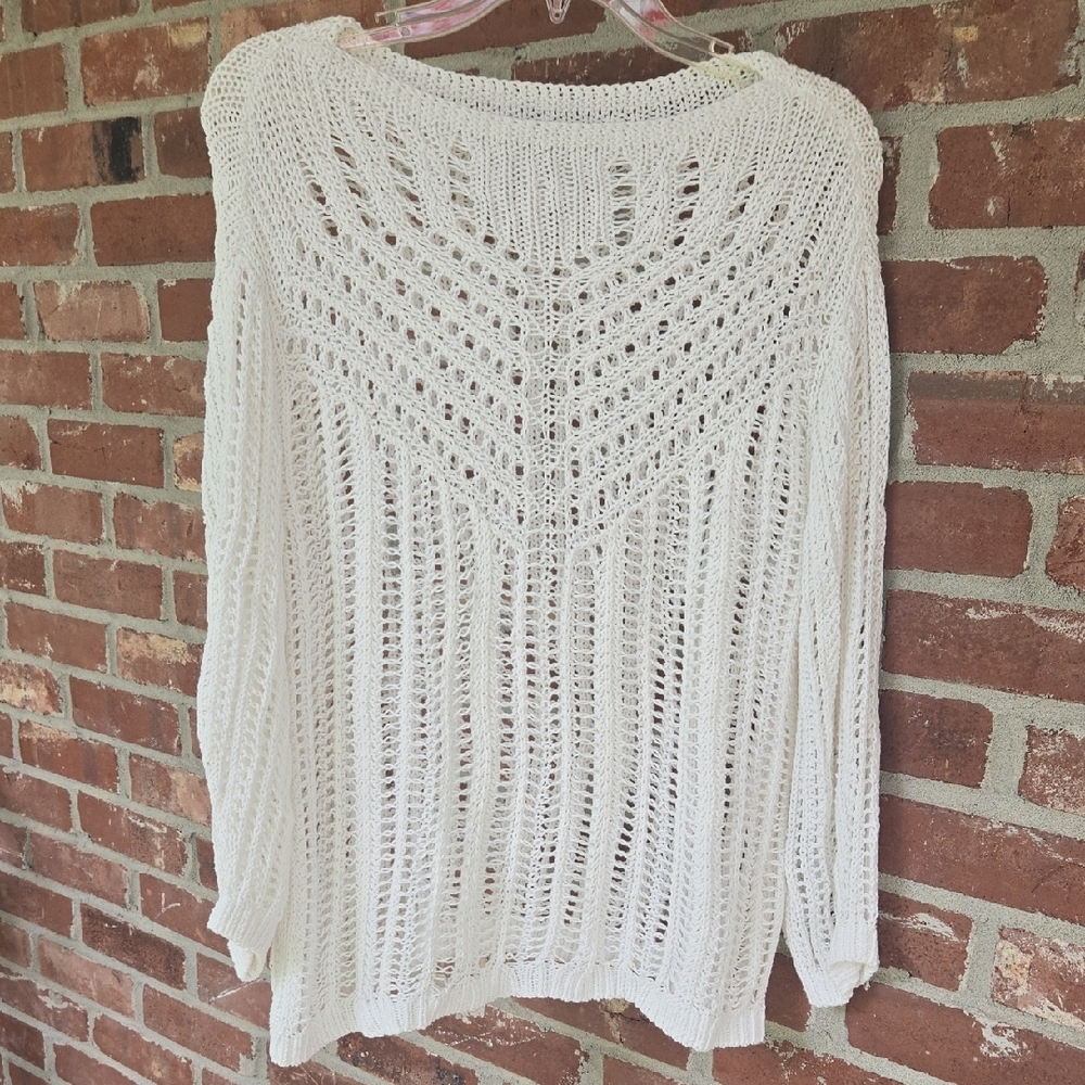 LOFT White Boat Neck Sweater with Open-Weave Design
